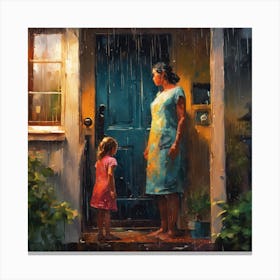 Mother And Daughter In The Rain 1 Canvas Print