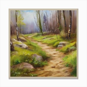 Path In The Woods.A dirt footpath in the forest. Spring season. Wild grasses on both ends of the path. Scattered rocks. Oil colors.10 Canvas Print