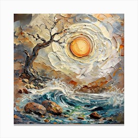 Abstract Nature Art Surreal Sun, Waves, and Tree with Dove Canvas Print