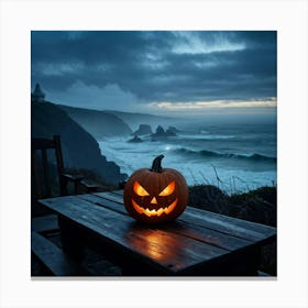 Jack O Lantern With A Glaring Eye Atop A Wooden Table On A Skittish Misty Coastline During Dusk S (5) Canvas Print