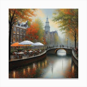 Amsterdam cafes, autumn season, rain, autumn oil colours.Faded colours,People passing on the street, winter clothes, rain umbrellas.3 Canvas Print