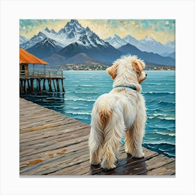 Dog On The Pier With Sea And Mountain Canvas Print