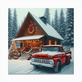 Red Truck In Front Of Cabin Canvas Print