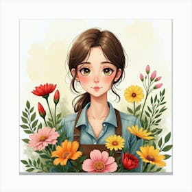 Portrait Of A French Florist In Watercolor, Vibrant And Fragrant Scene 1 Canvas Print