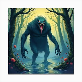 Monster In A Watercolor Swamp, Dark Magic Swirling Around, Vibrant 1 Canvas Print