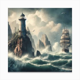 Lighthouse In Stormy Sea Canvas Print