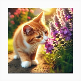 Cute Kitten Sniffing Flowers Canvas Print