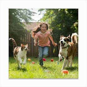 Girl Playing With Dogs Canvas Print