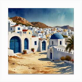 Aegean Village.Summer on a Greek island. Sea. Sand beach. White houses. Blue roofs. The beauty of the place. Watercolor. Canvas Print