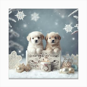 2 Cute White Puppies In A Christmas Decor Canvas Print