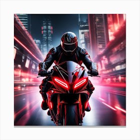 The Image Depicts A Futuristic Scene With A Black And Red Motorcycle Ridden By A Cyborg 3 Canvas Print