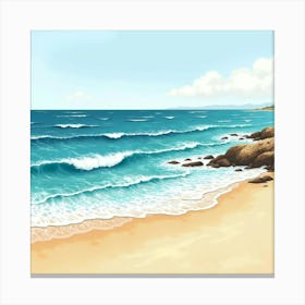 Spanish Coastal Scene With Watercolor Waves And Sandy Beaches Canvas Print