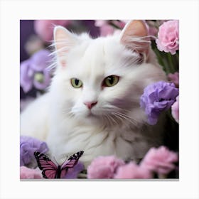 White Cat In Flowers Canvas Print