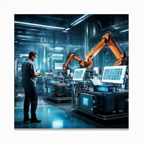 Cyber Industrial Interface Showcasing A Factory Manager Overseeing A High Tech Manufacturing Floor (4) Canvas Print