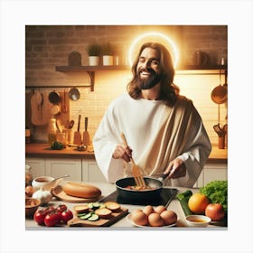 Jesus cooking a meal in a cozy modern kitchen 1 Canvas Print