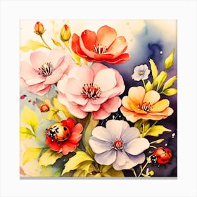 Watercolor Flowers With Ladybugs Canvas Print