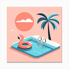 Summer Vibes: A Charming and Beautiful Illustration of a Pool with a Pink Flamingo Float and a Palm Tree Canvas Print