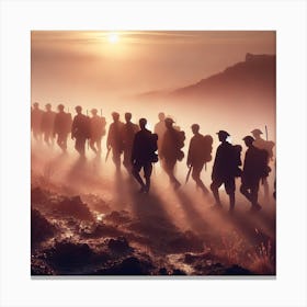 Marching Shadows at Dawn Wall Art: A Dramatic Silhouette Scene of Soldiers for Powerful and Reflective Decor Print Art Canvas Print