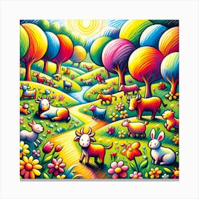 Super Kids Creativity:Colorful Animals In A Field Canvas Print