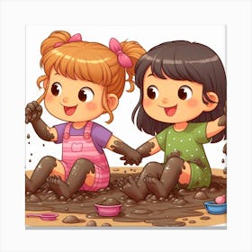 Two Girls Playing In The Mud 1 Canvas Print