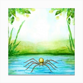 Anthropomorphic Water Spider Seated Beside A Serene Pond Legs Delicately Positioned Charming Lumin Canvas Print