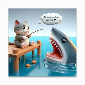 Cat Fishing With Shark Canvas Print