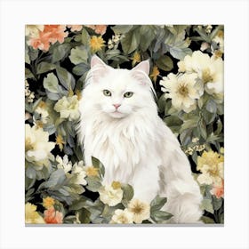 White Cat In Flowers Canvas Print