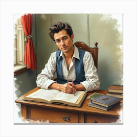 Portrait Of A French Novelist At A Picturesque Writing Desk, Watercolor With Grace 1 Canvas Print