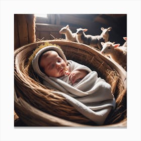 Beautiful baby in a barn with animals  Canvas Print