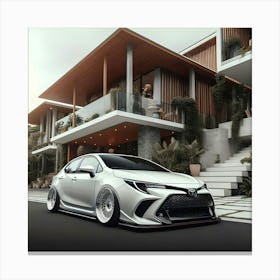 A White Toyota Corolla Gli Twin Cam With Full Body Kit In Front Of Modern Mansion 1 Leinwandbild