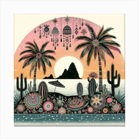 Boho art Silhouette of an island with cacti Canvas Print