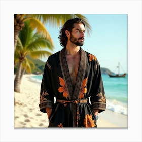 Man In Robe On Beach Canvas Print