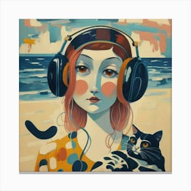 Girl With Headphones And A Cat 5 Canvas Print