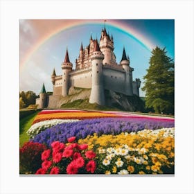 Rainbow over castle with beautiful flower gardens Canvas Print