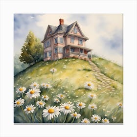 Watercolor Of A House With Daisies 1 Canvas Print