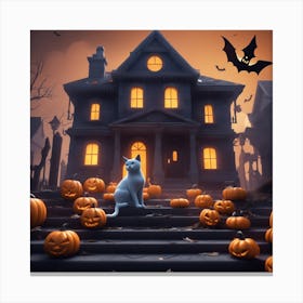 Halloween Cat In Front Of House 12 Canvas Print