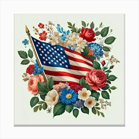 American Flag Adorned With Vibrant Flowers And Green Leaves, Symbolizing Patriotism And Nature S Beauty Canvas Print