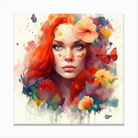 Watercolor Floral Red Hair Woman #5 Canvas Print