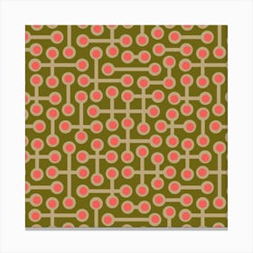 CIRCUITS Retro 1970s Mid Century Abstract Geometric Groovy Polka Dot in Vintage Pink and Beige on Olive Green Canvas Print
