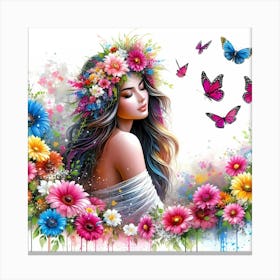 Butterfly Girl With Flowers Canvas Print