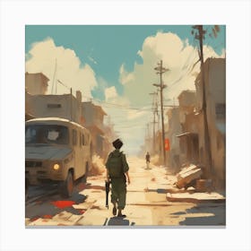 Soldier Walking Down The Street Canvas Print