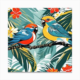 Colorful Parrots On A Branch Canvas Print