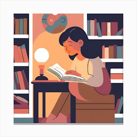 Girl Reading Book In The Library Canvas Print