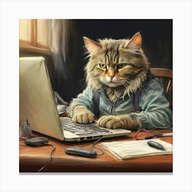 Cat Working On Laptop Canvas Print