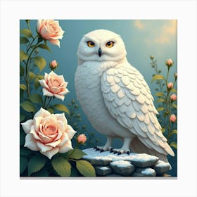 Snowy Owl Among White Roses 1 Canvas Print