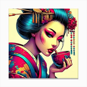 Beautiful Geisha With Traditional Tea Cup Pop Art Color Illustration Canvas Print