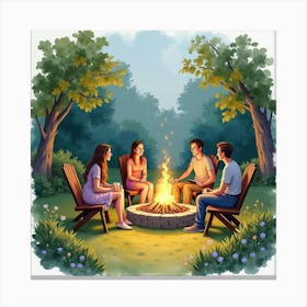 A Watercolor Of A Group Of Friends Having A Cozy Evening Around A Fire Pit In An English Garden 1 Canvas Print