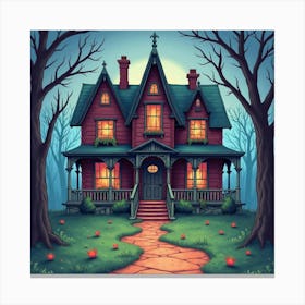 Horror Entity In A Colorful Watercolor Haunted Mansion 1 Canvas Print