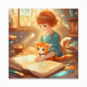 Girl Reading Book With Cat Canvas Print