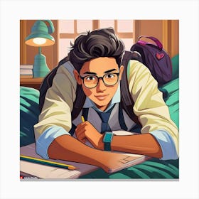 Boy Studying In Bed Canvas Print